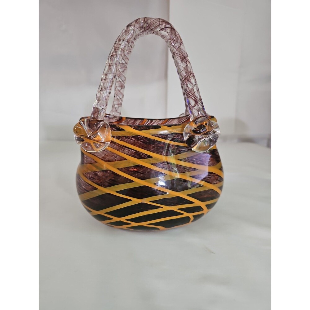 Fifth Avenue LTD Crystal Handmade Art Glass Handbag Handblown Brown Yellow Swirl
